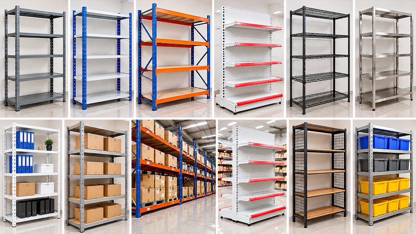 Range of metal shelving: slotted angle, heavy duty, supermarket and wire racks