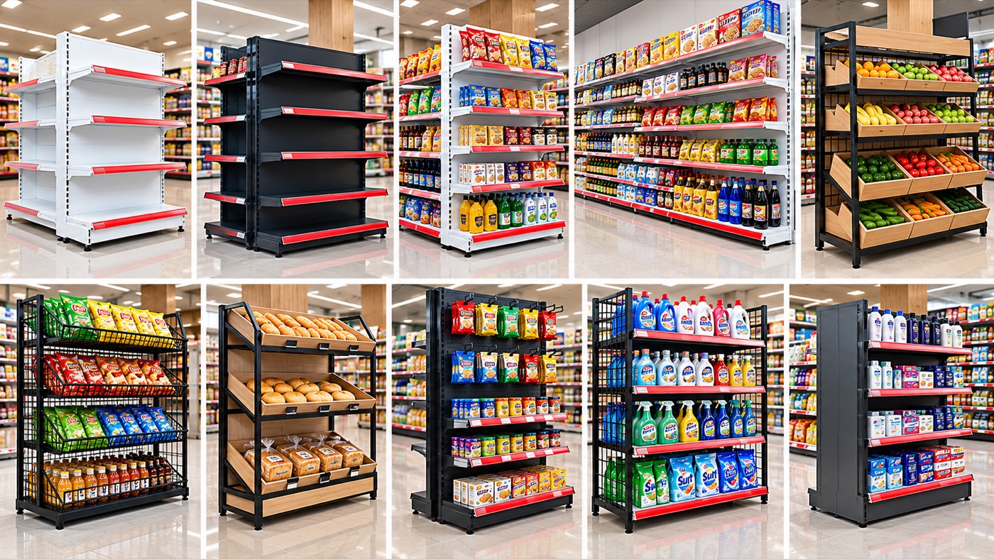 Supermarket display racks and fruit and vegetable stands